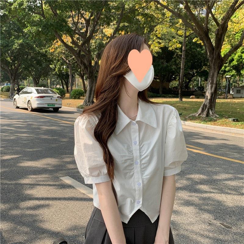 College Chiffon Shirt Women's POLO Neck Short Sleeve Splicing Slim Bubble Sleeve Japan and Korea Commuter Leisure Summer