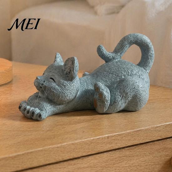 Small Cute Ornament for Workstation Stretching Kitten Figurine, Resin Cat Statue, Animal Ornament, Creative Crafts Room Compact Desktop Decoration