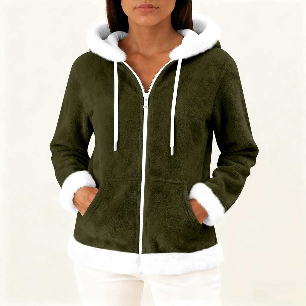 Moteriškas kasdienis madingas ilgomis rankovėmis užsegamas vilnos kardiganas su gobtuvu