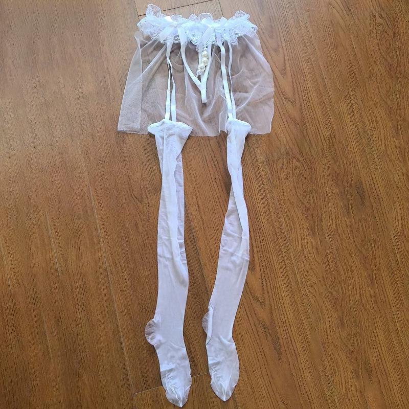Sexy Women Tutu Skirt Garter Stockings Thin Pantyhose Oil Glossy Shiny Open Crotch Maid Tights With Pearl Chain Crotch