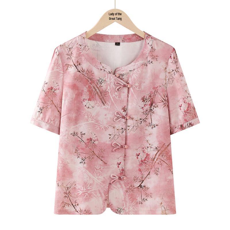 Elderly Women s Solid Color 3/4 Sleeve Round Neck Summer Shirt XL