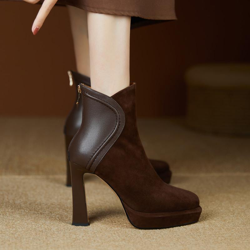 Retro Thick Heel Short Boots Women's Autumn and Winter Round Head Platform High Heels Commuter Fashion Boots 10cm