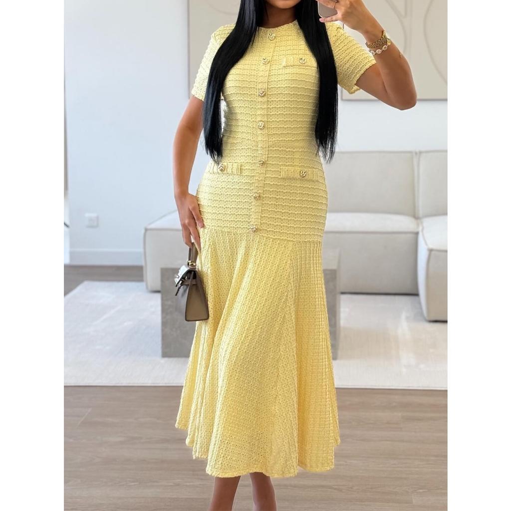 Slimming Knitted Dress Hollow Out Short Sleeve Lace Trim Waist Cinched Long Fashionable Sweater Dress