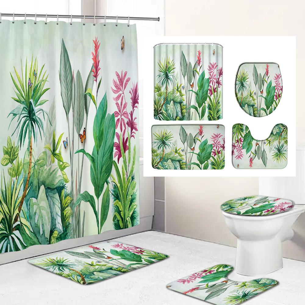 

Tropical Palm Trees Leaves Print Shower Curtain With Hooks High Quality Waterproof Bathroom Curtain Bath Mat Set Home Decoration W60H190(CM)-1 Pcs
