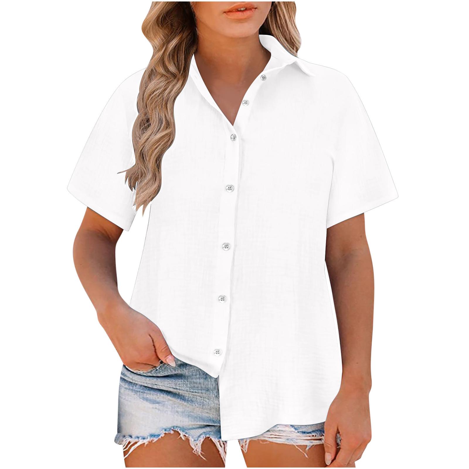 

Women s Spring And Summer Loose Shirt Short Sleeve Button Top XL білий