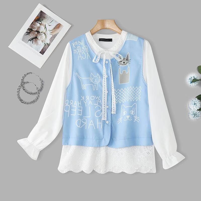 

ZANZEA Women Casual Round Neck Splice Long Sleeve Print Blouse 3XL світло-синій колір