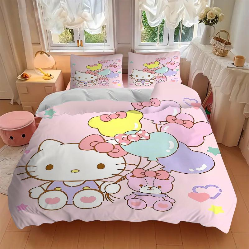 3pcs Bear Balloon & Hello Kitty Sanrio Print Bedding Set (1 Cover + 2 Pillowcases, Without Inserts), Soft and Comfortable W007