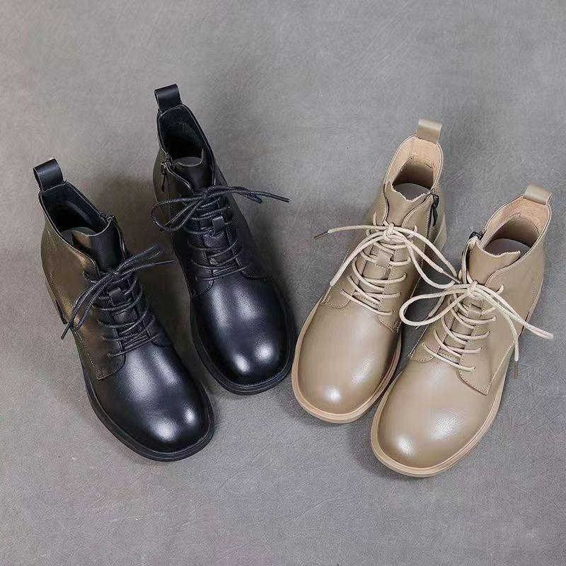 Kožené kotníkové boty na robustním podpatku v korejském stylu: Podzim/Zima Britské šněrovací retro martensky
