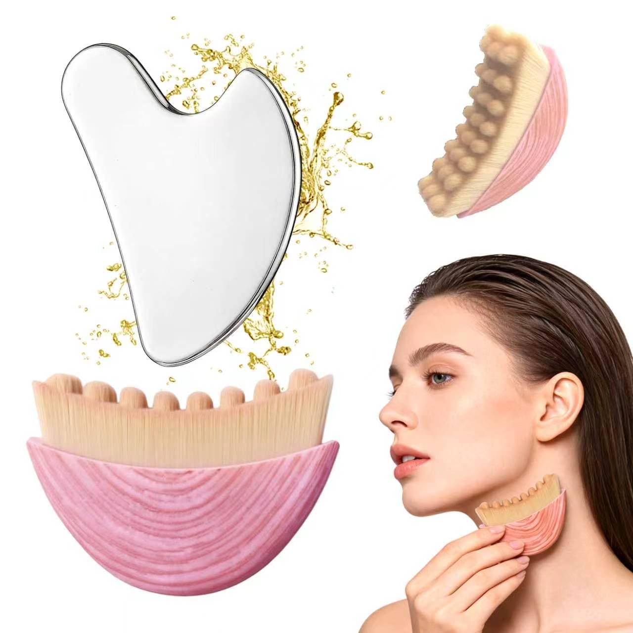 

Lymphatic Contour Facial Massage Brush And Stainless Steel Gua Sha Board Set For Shaping And Eliminating...