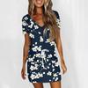 Women's Fashion Casual V-Neck Short Sleeve Drawstring Sequin Printed Dresses