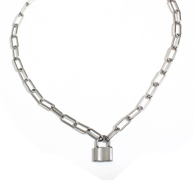 Stainless steel chain necklace with titanium steel lock pendant - hip hop punk style accessory