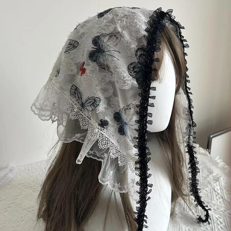 Lolita Lace Headscarf 3D Butterfly Sweet Flowers Summer Hair Wraps with Silk Scarf Triangle Scarf Hair Bands for Travel Beach