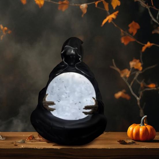 Halloween Crystal Ball Decoration Reaper Statue Gothic Spooky Sculpture with Light-Up Ball Halloween Statue Ornament