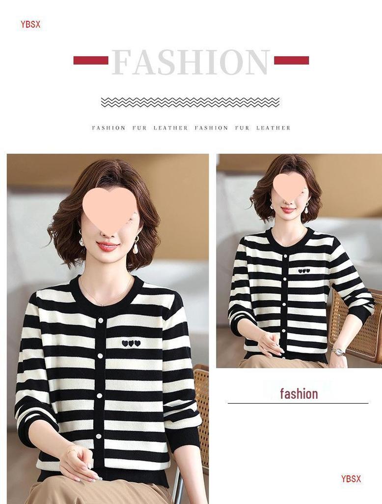 Mom's 2025 Autumn Striped Long-Sleeve Knit Sweater for Middle-Aged & Elderly Women