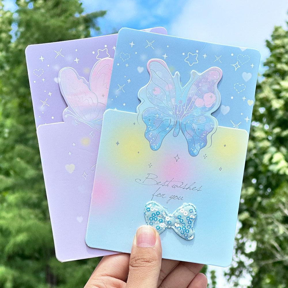 4 pcs Butterfly shaped greeting card, exquisite message envelope, postcard, bow, three fold discount card