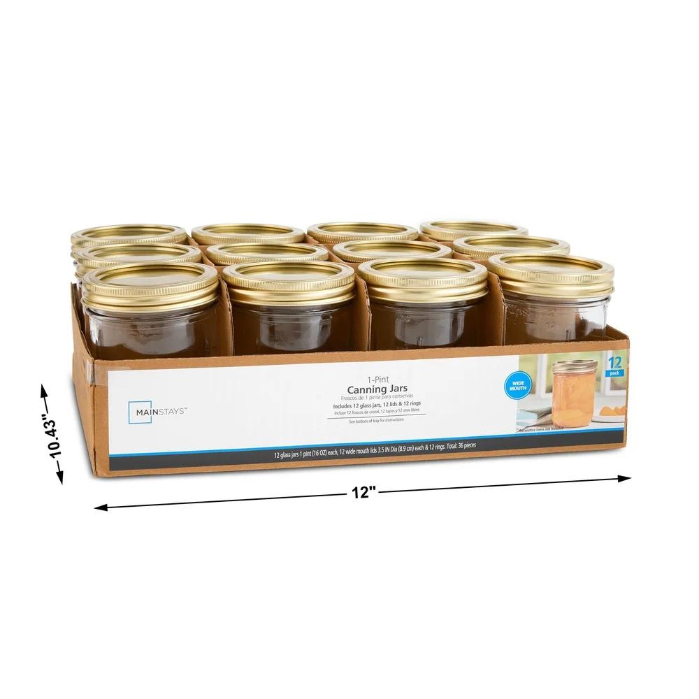 Clear Glass Canning Jars 16oz Wide Mouth Airtight Seal Food Storage Jars 12 Count Dishwasher Safe Preserve Jams Pickles Sauces
