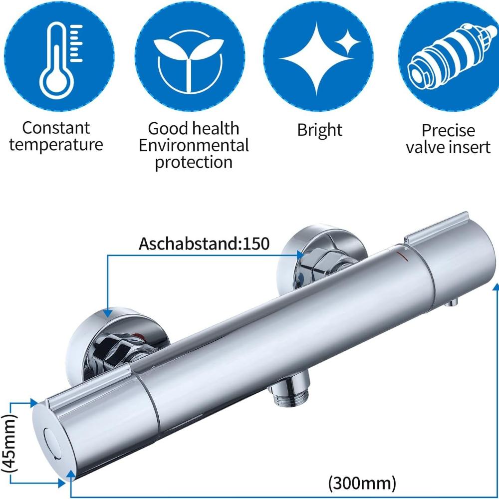 Shower Faucet with Thermostat - Cleaning Mixed Battery Shower with 38°C Safety Button, Chrome Mixed Battery Shower, Thermostat Faucet Stainless Steel