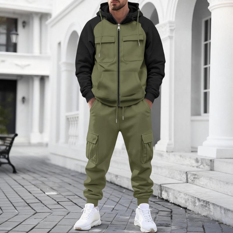 Mens Color Block Raglan Sleeve Hooded Zip Up Cargo Sweatshirt And Jogger Pants Two Piece Set