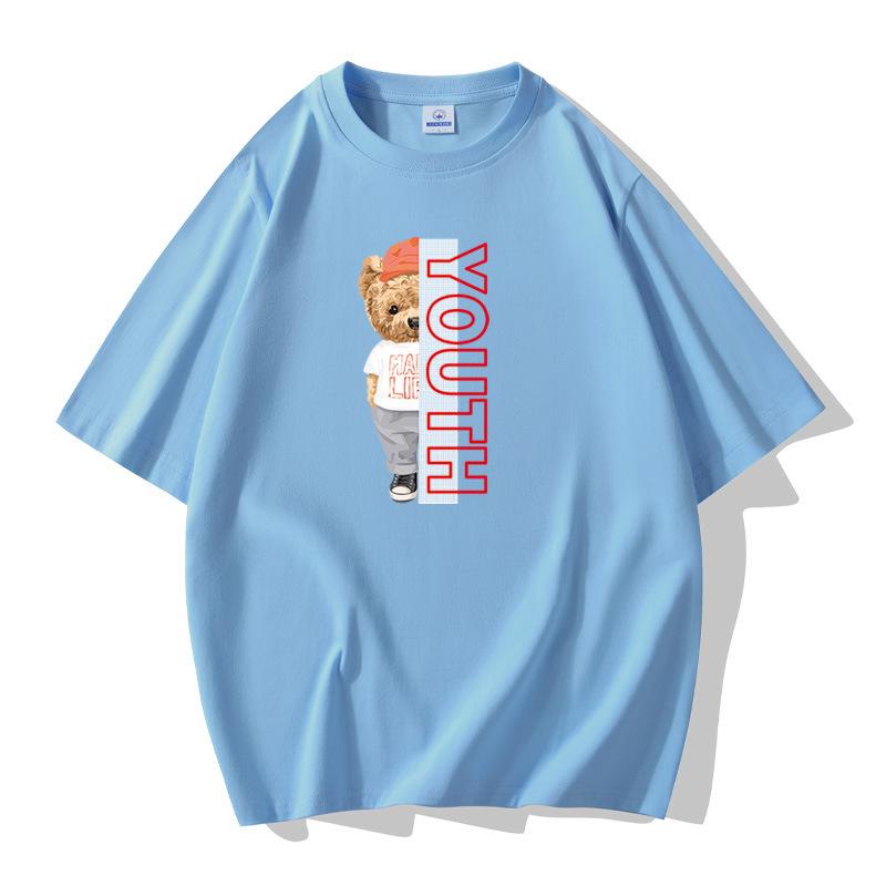 Men's Short Sleeves Cotton T-shirt Cute Bear Pattern Large Size Loose Tee