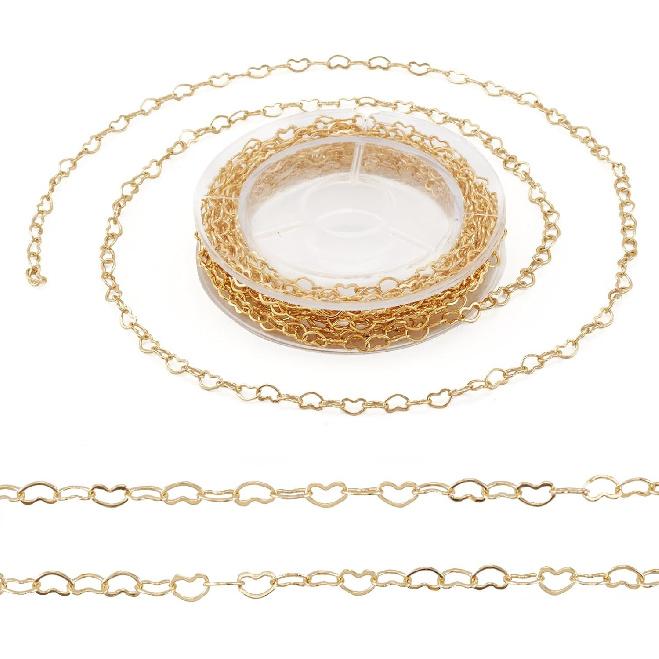 Pandahall 2 Rolls 14K Gold Plated Heart Link Chains Small Link Cable Chains 5 Yards Brass Gold Jewelry Chains for Permanent Jewelry Making Bracelet