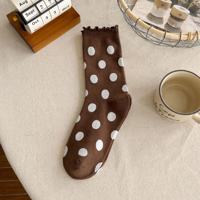 Polka Dot Socks, Women's Mid-calf Socks, Black Fungus Edge Pile Socks, Cotton Lace Long Calf Socks for Autumn and Winter, Women