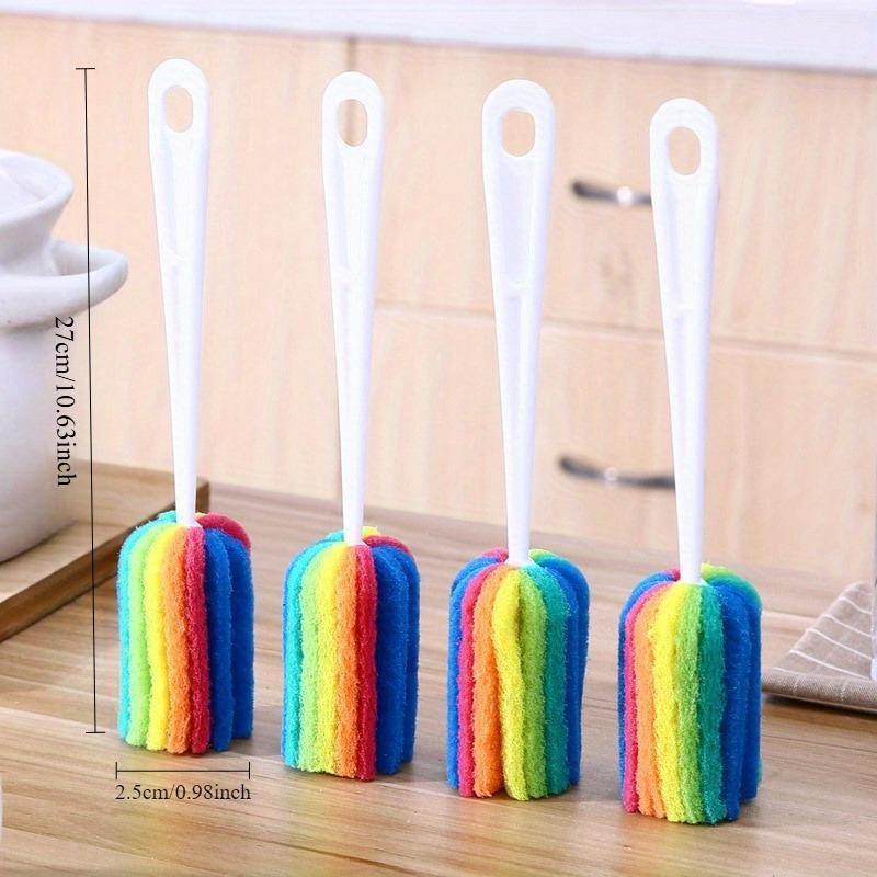 5pcs Rainbow Sponge Brush Set with Handle-Colorful Cleaning Scrubber for Water Bottles,Mugs, and Glass,Sponge For Washing Dishes