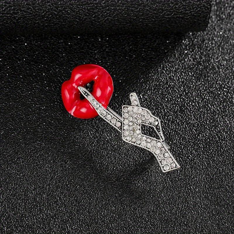 New Creative Women Men Red Lip Rhinestone Brooch Pin Exquisite Fashion Lady's Suit Clothing Brand Design Corsages Jewelry Gift