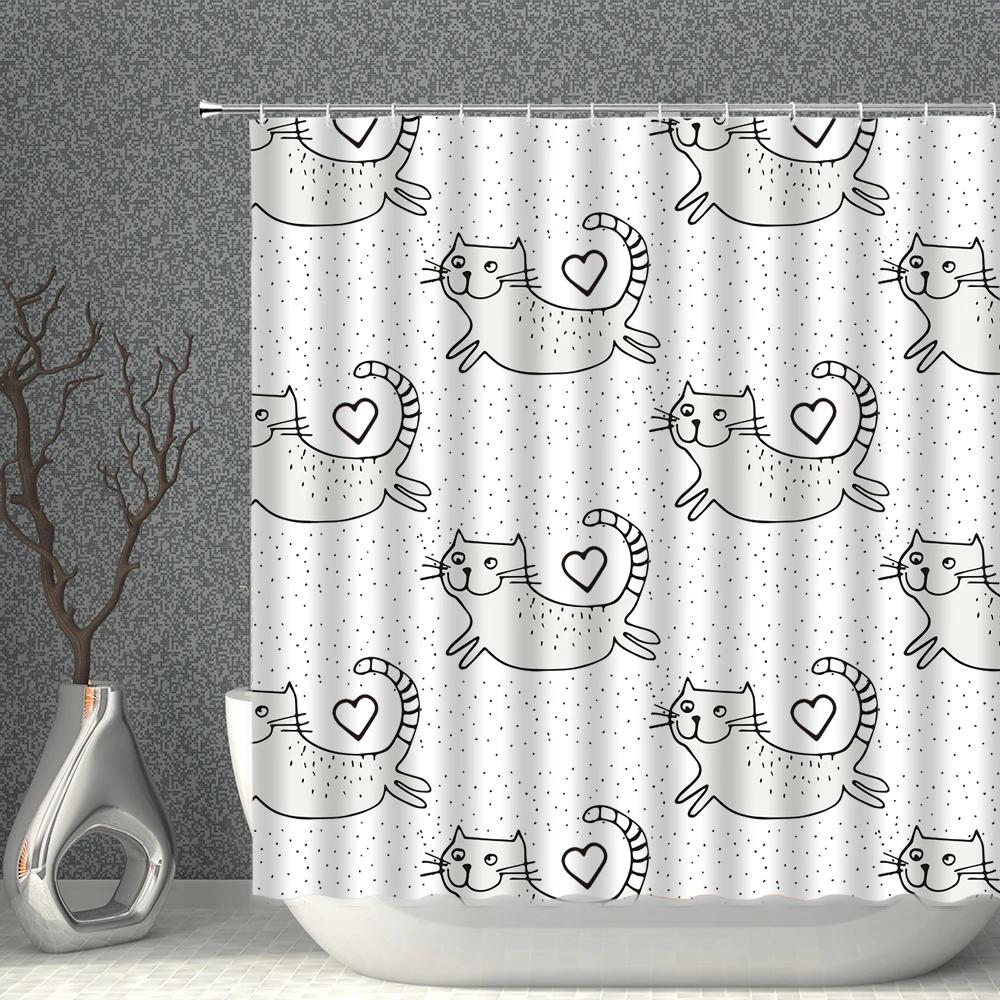 Cartoon Cat White Shower Curtain Waterproof Pattern Print Polyester Bath Curtains Multi-Size With Hooks Bathroom Screen Decor