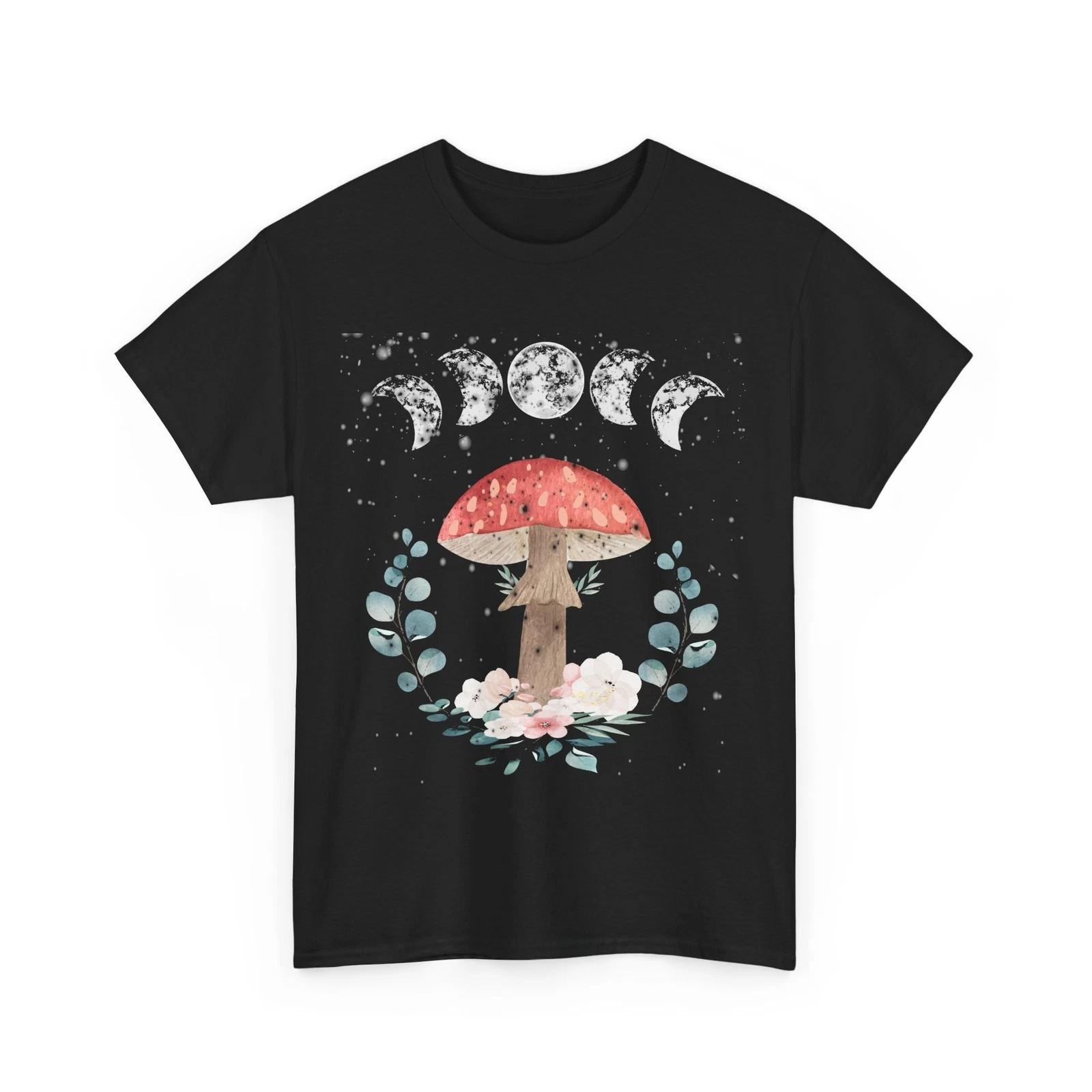 Mushroom Shirt, Cottagecore Aesthetic Mushroom Lovers Fungi Moon Phases Shirt L