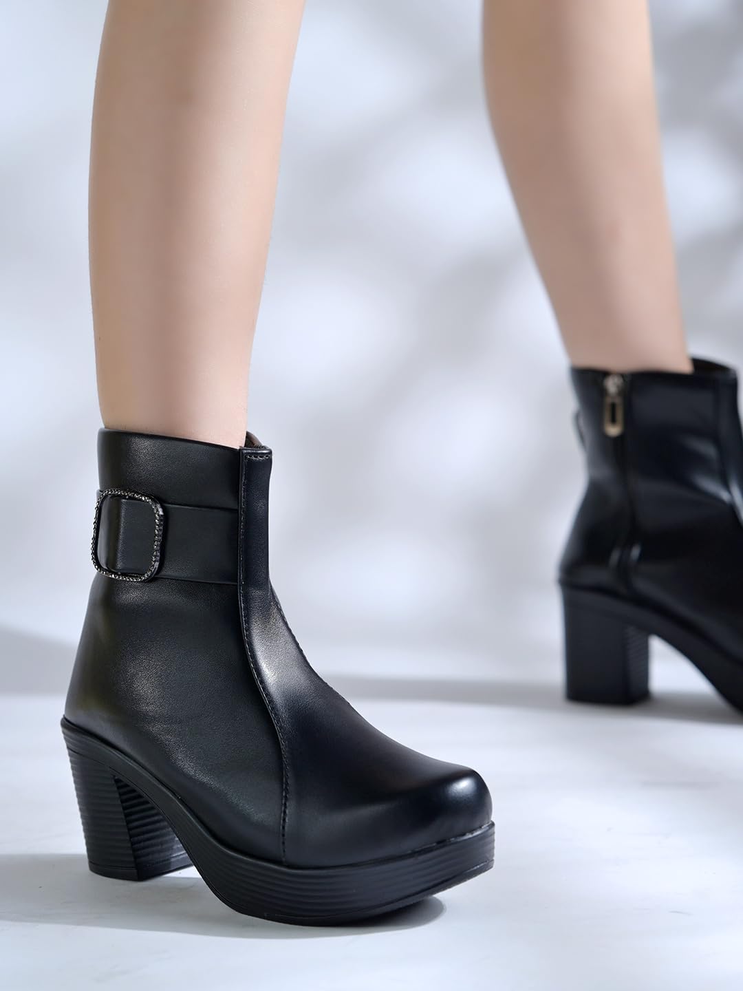 Shoetopia Женские короткие ботильоны на массивном каблуке с нескользящей подошвой, удобные модные ботильоны на щиколотку | Мягкая амортизирующая подошва | Для повседневной носки, вечеринок и зимы EU40 : 23.5CM чёрный