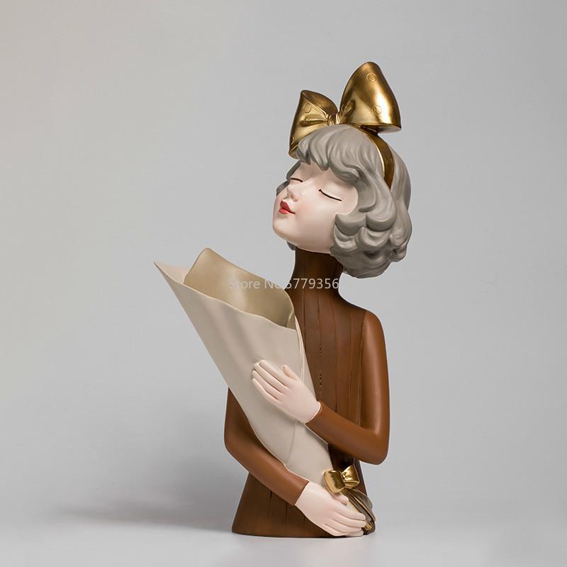 Scultura Statua Ragazza Carina in Resina Artigianato Creativo Composizione Floreale Accessori Decorazione Casa Moderna Regali di Matrimonio