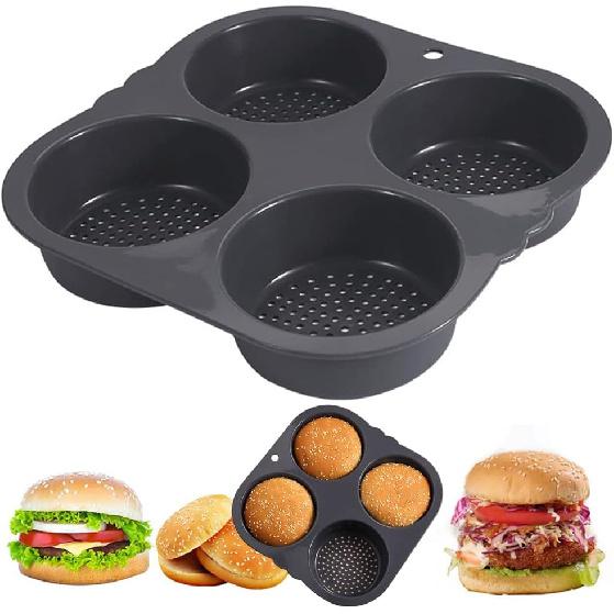 Hamburger Bun Mold Baking Hamburger Bread Pan Non-Stick Silicone Mold Dishwasher Safe 4 Cavities for Burger Buns Kitchen Tool,10cm (4 Inch) Egg