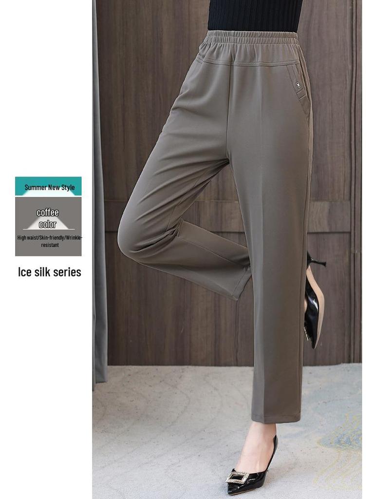 Ice Silk Elastic Waist Casual Pants for Middle-Aged & Elderly Women - Plus Size, Loose Straight-Leg Trousers