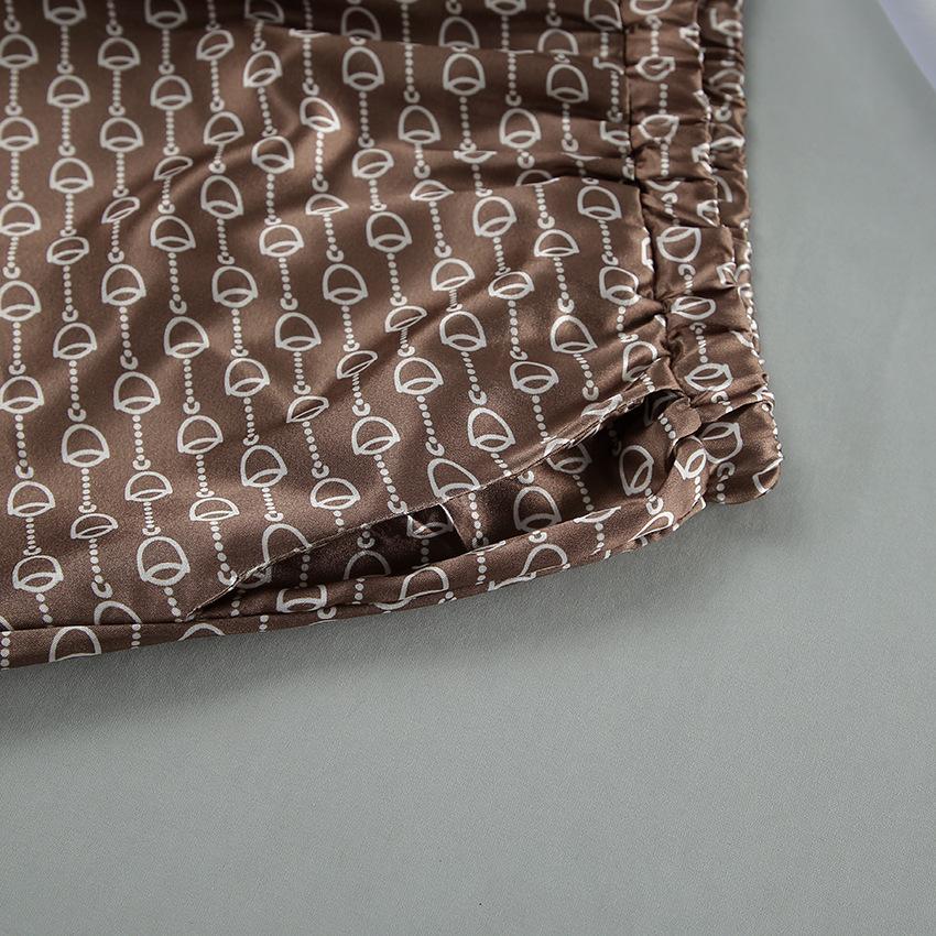 Autumn European Style Satin Print Pajamas Set Women's Loose Homewear Cardigan Robe Long Pants Cool Feel Nightwear For Casual Outing