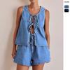 Western Style Summer Fashion Casual Vest Denim Suit Shorts Casual Vest and Shorts Set