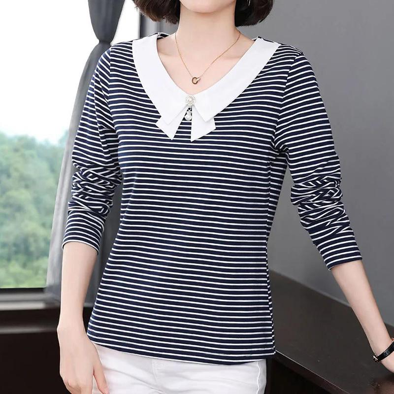Casual Fashion Striped Printing T-shirt Spring Autumn Long Sleeve Peter Pan Collar V-Neck Loose Tops Ladies