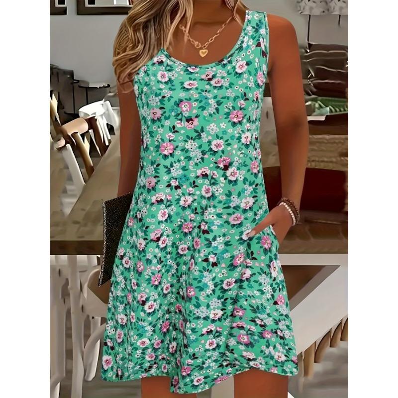 Women's Light Blue Floral Print Sleeveless Tank Dress - A-Line Knee-Length Summer Dress with Pockets, Round Neck Casual Beach Dress