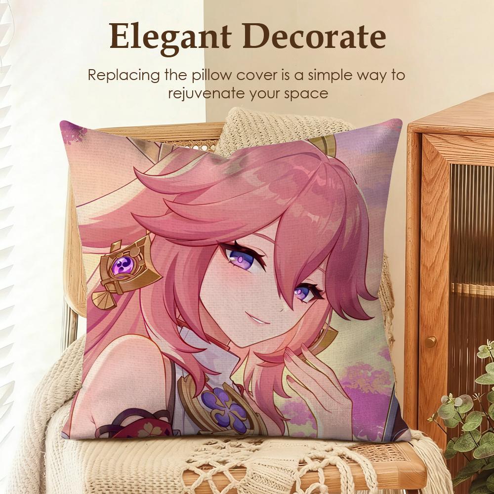 Yae Miko Genshin Impact Cushion Cover Natural Linen Organic Fabric DoubleSided Printing Sofa Home Decor Gift Pillow Case