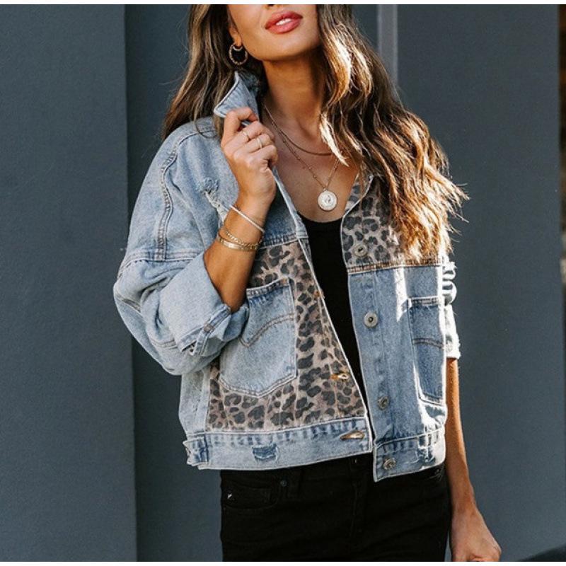 Women's Denim Jacket with Leopard Print - Long Sleeve, Autumn/Winter European and American Style
