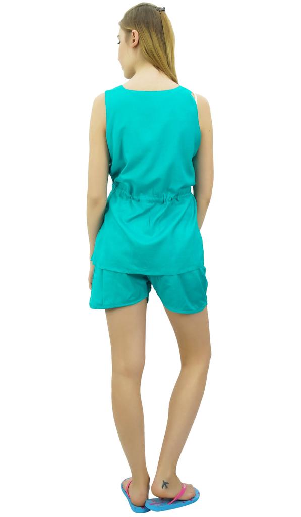 Bimba Womens Drawstring Solid Aqua Pj Set Buttondown Shirt Shorts Dress-10