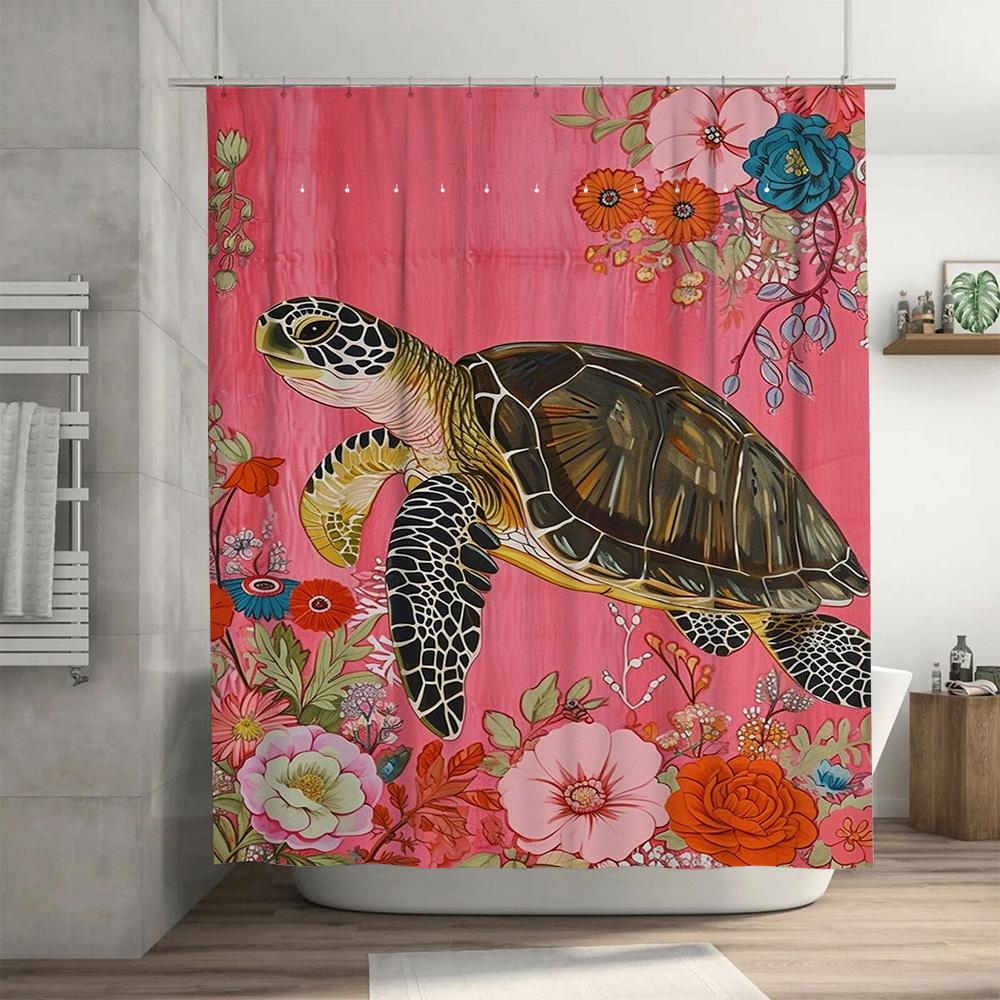 Animal Print Shower Curtain Sea Turtle Design For Bathroom Decor Pink Floral Blue Flowers Pattern Machine Washable Fabric Waterc