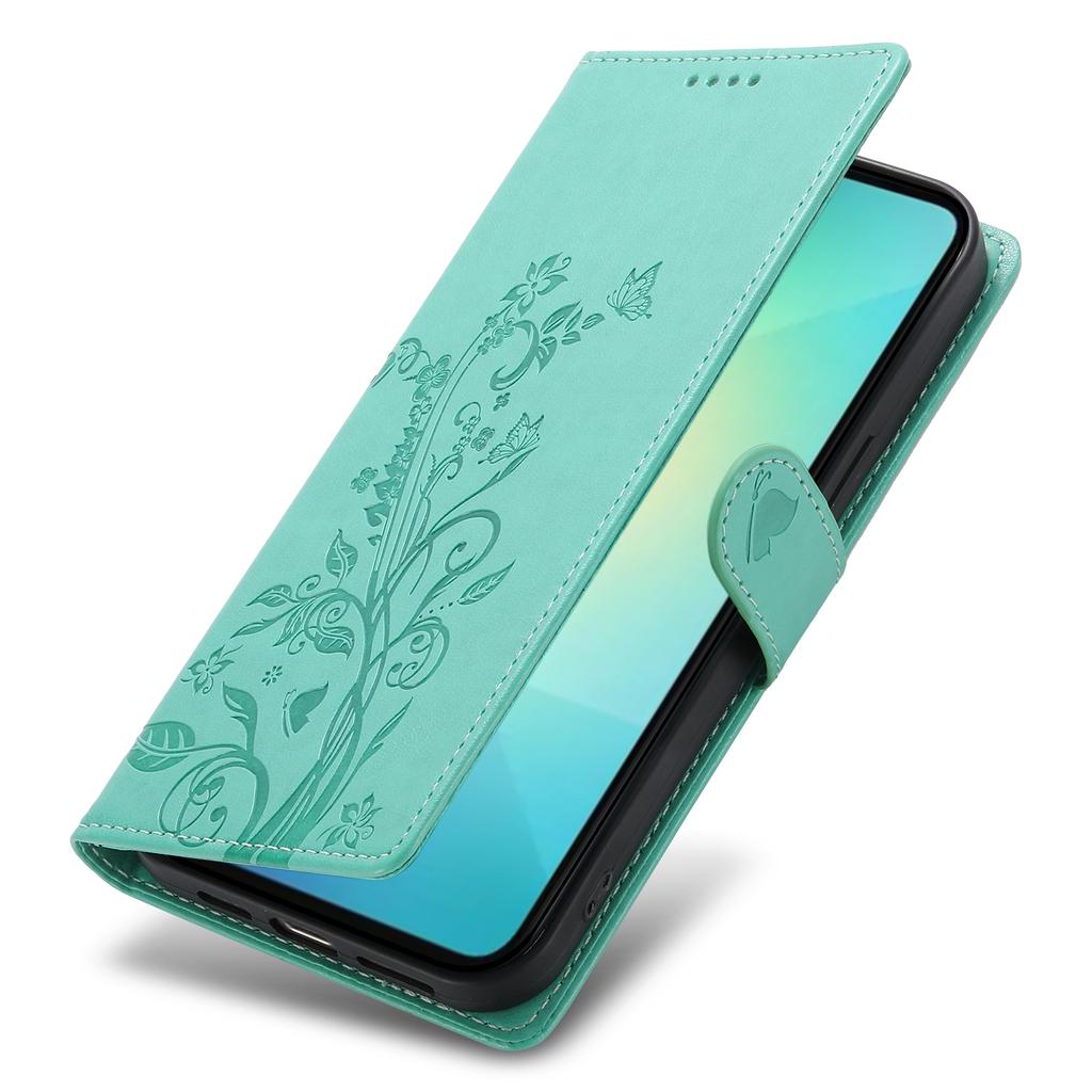 For Samsung Galaxy A06 5G/4G Wallet Case Butterfly Floral Imprint PU Leather Phone Cover with Wrist Strap