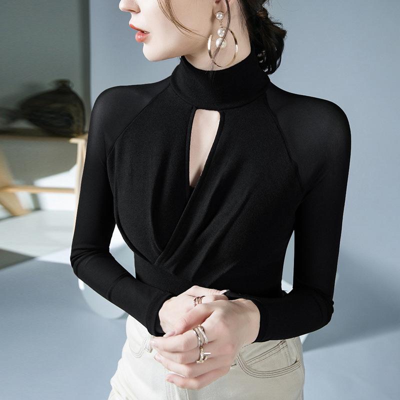 

Основна сорочка з високим вирізом для жінок восени Нова жіноча замшева футболка з порожнистим сітчастим дизайном і довгими рукавами 3XL