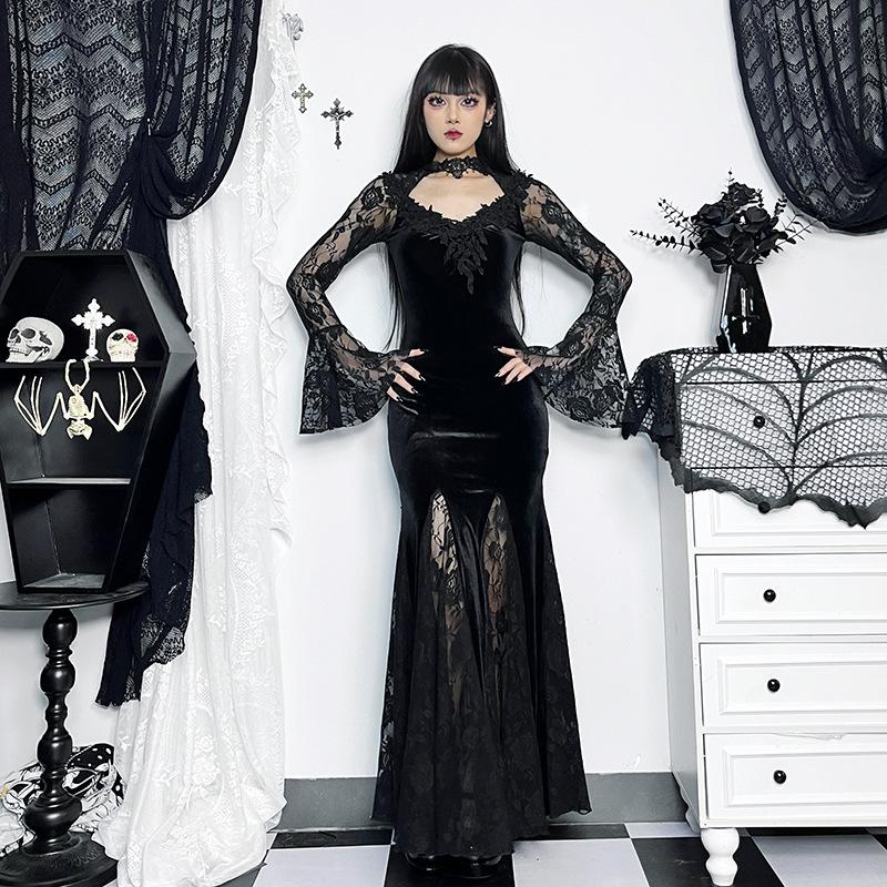 GlowGirl AltGoth Aesthetic Gothic Midi Dress Women Vintage Elagnt Lace Patchwork See Through Flare Sleeve High Waist Clubwear Dress Femme