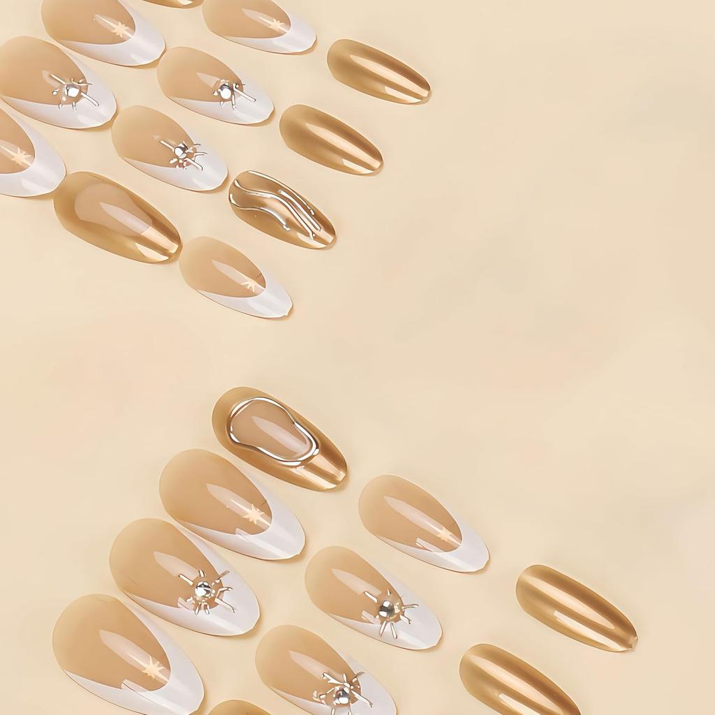 24Pcs White French Tip Press on Nails Star Fake Nails with 3D Gold Design Short Almond Glossy Gold Curve Line False Nails Star Rhinestone Stick on