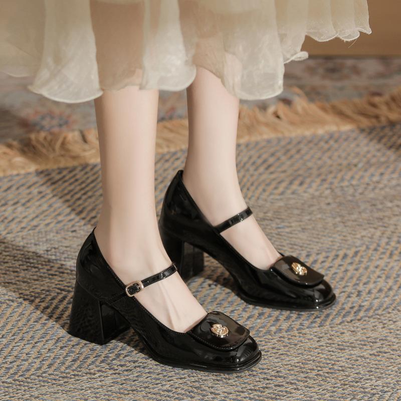 High heels female Mary Jane small leather shoes female summer thick heel camellia red beige black Mary Jane single shoes female