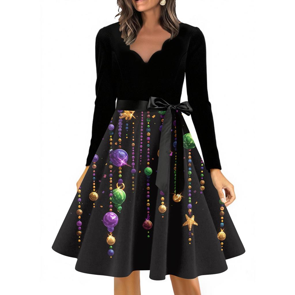 Women's Casual Fashion V Neck Long Sleeve Printed Vintage Long Dress