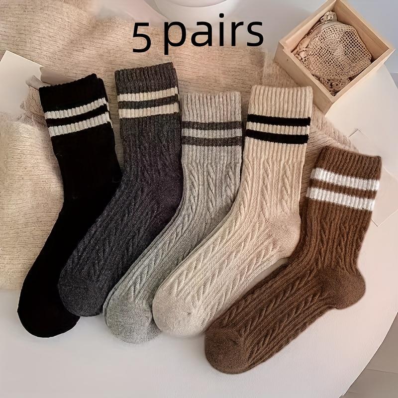 5 pairs of retro twisted warm socks, versatile mid-calf socks, and simple two-bar striped mid-calf versatile breathable socks