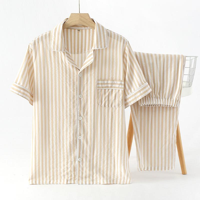 Cotton Plaid Design Men's Trouser Pajamas Homewear Suit for Autumn Thin Short-Sleeved Trousers Plaid Homewear Pyjamas Men