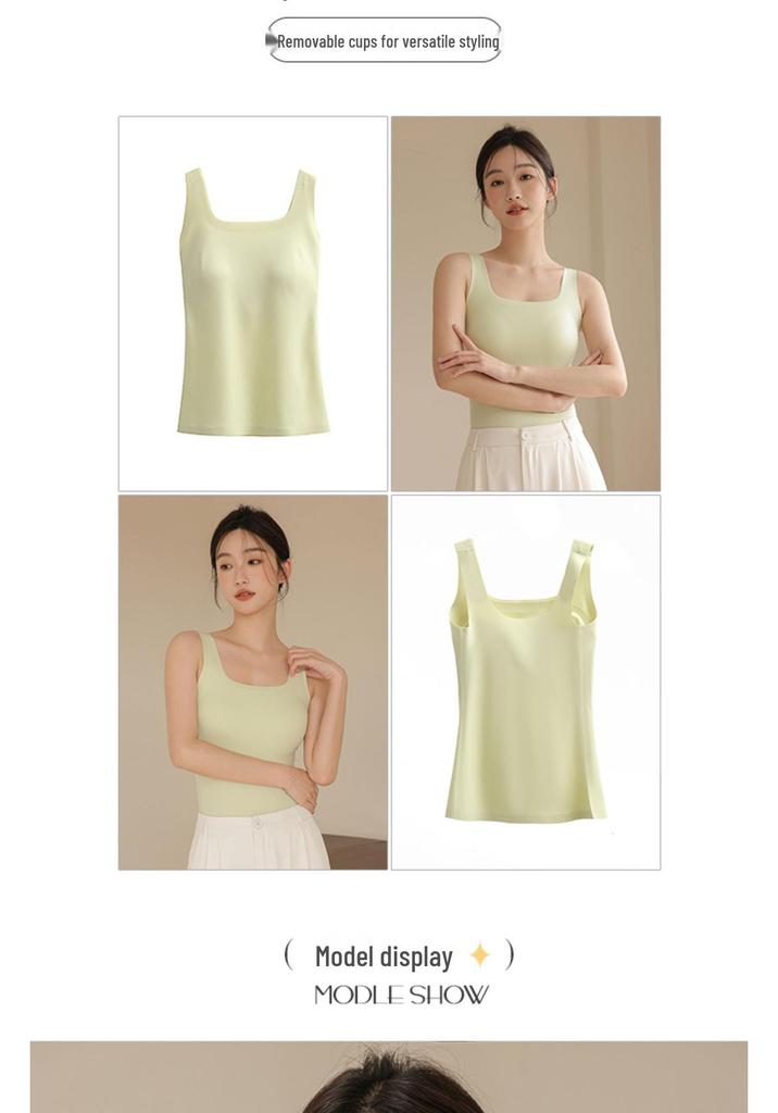 Square Neck Seamless Camisole with Chest Pads: Comfortable, Wide Strap, Fixed Cups, Beautiful Back Design for Women.